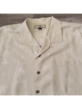 Tommy Bahama Silk Shirt Mens XXL Beige Palm Tree Print Hawaiian Tone On Tone